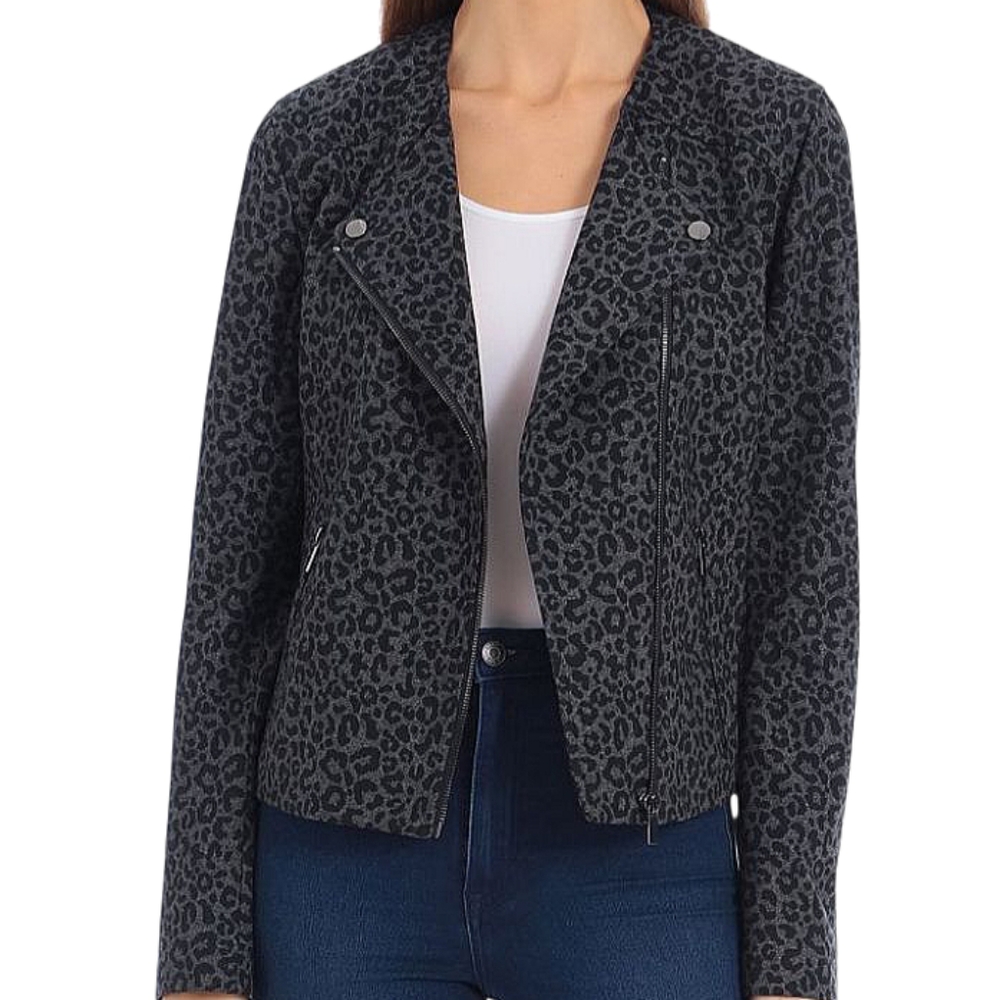 Bagatelle Ponte Knit Leopard Print Moto Biker Jacket Women's Sz Med Gray Black